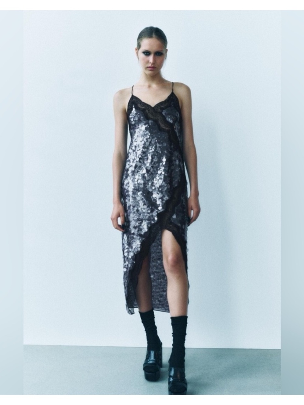 Zara ZW Collection Sequin Sequinned Lace Midi Dress Size M Ref 9002/799 Party